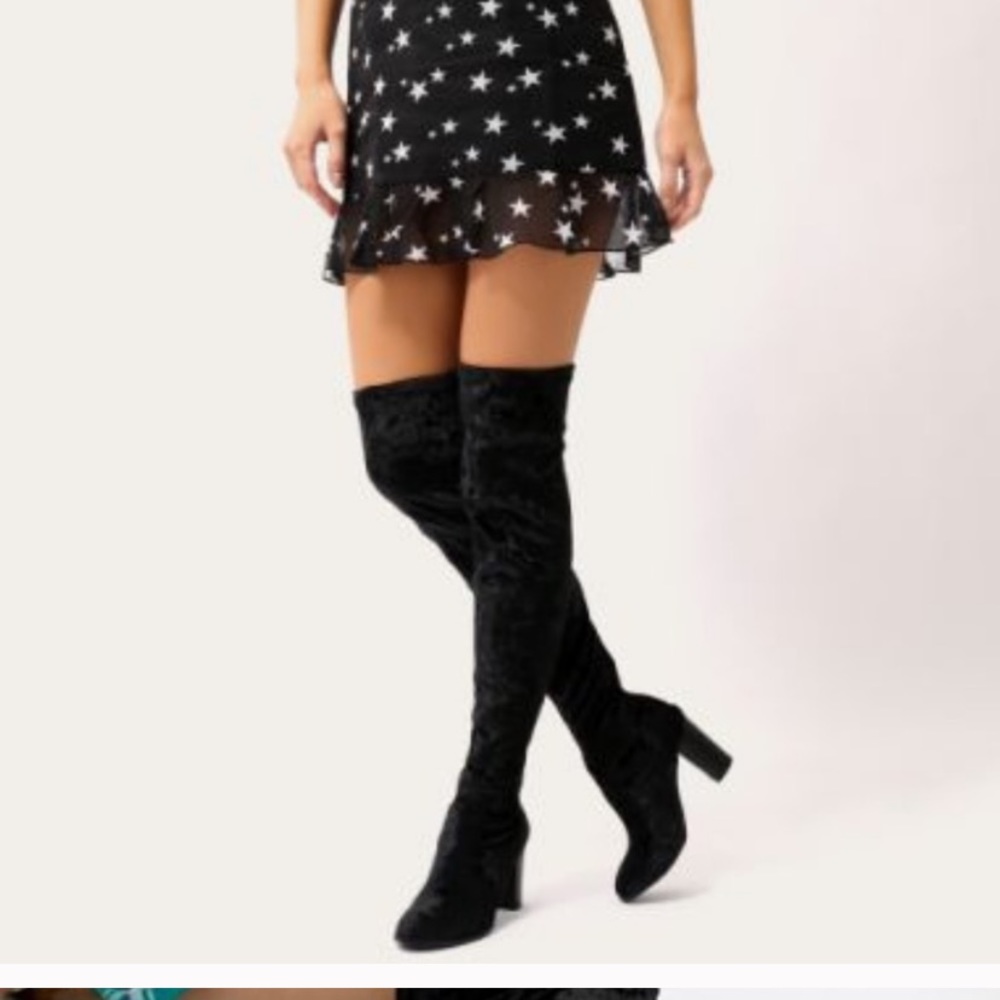 Over the knee black velvet boots